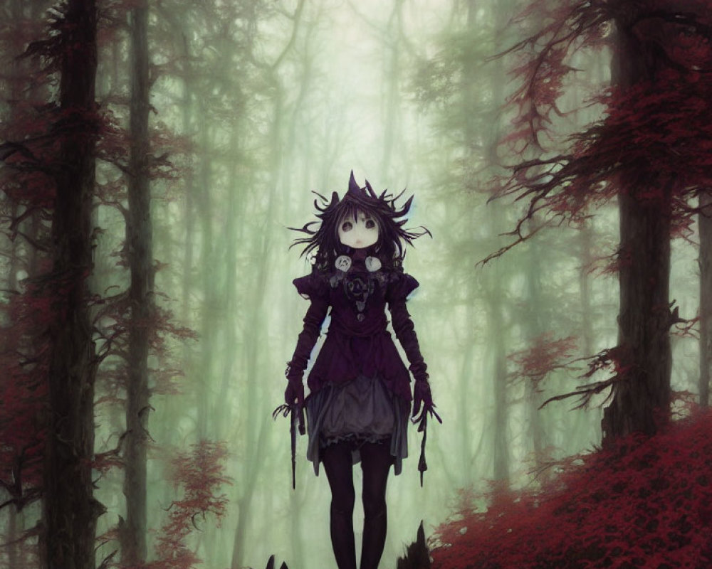 Gothic animated girl in misty crimson forest