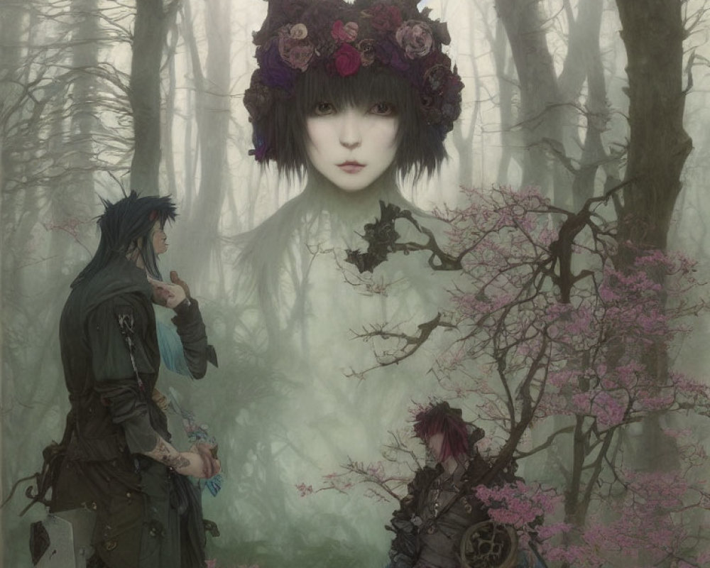 Surreal image of giant ethereal face with flower crown in misty forest
