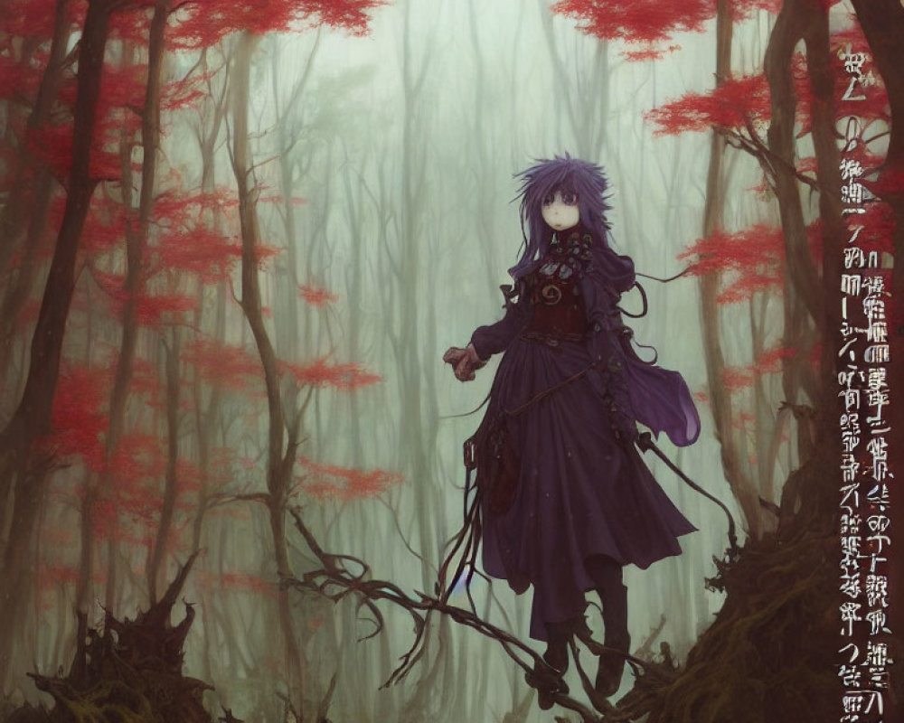 Purple-haired anime character in gothic dress in misty forest with red-leafed trees