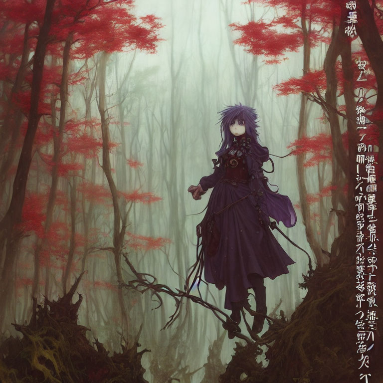 Purple-haired anime character in gothic dress in misty forest with red-leafed trees