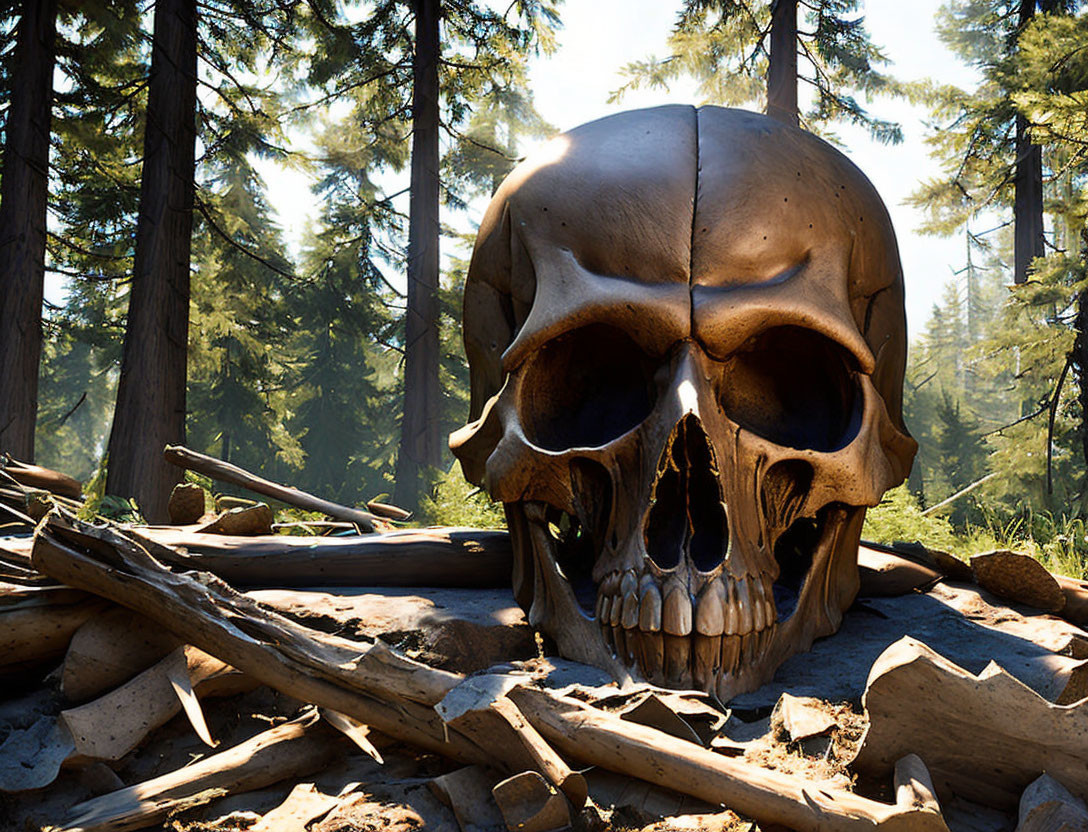 Giant Skull and Bones in Forest Clearing under Blue Sky