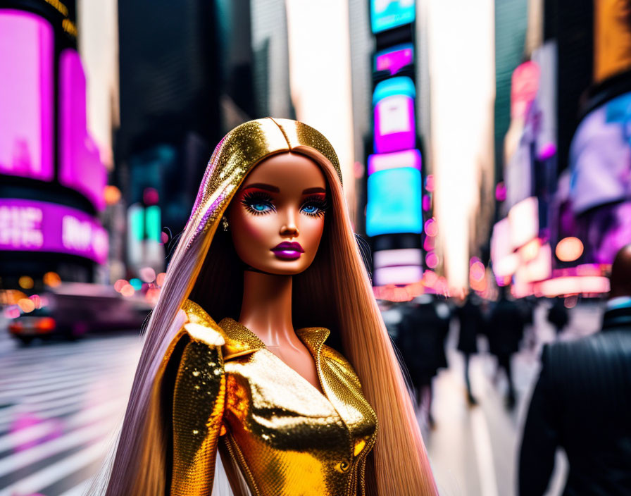 Long-Haired Barbie Doll in Gold Outfit at Dusk in Times Square