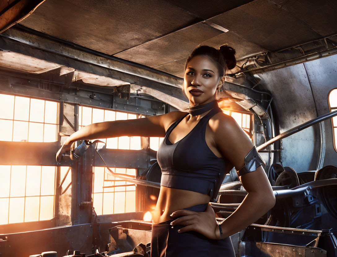 Athletic woman in gym with sunlight, showcasing toned physique