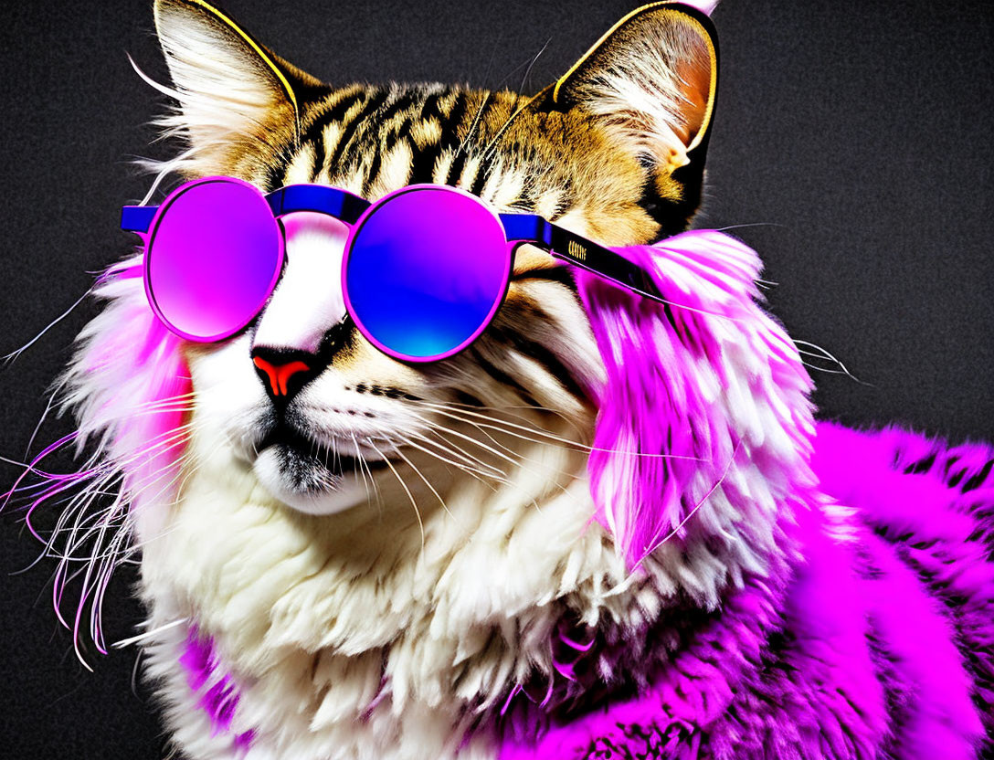 Stylized cat with stripes, purple sunglasses, pink coat on dark background