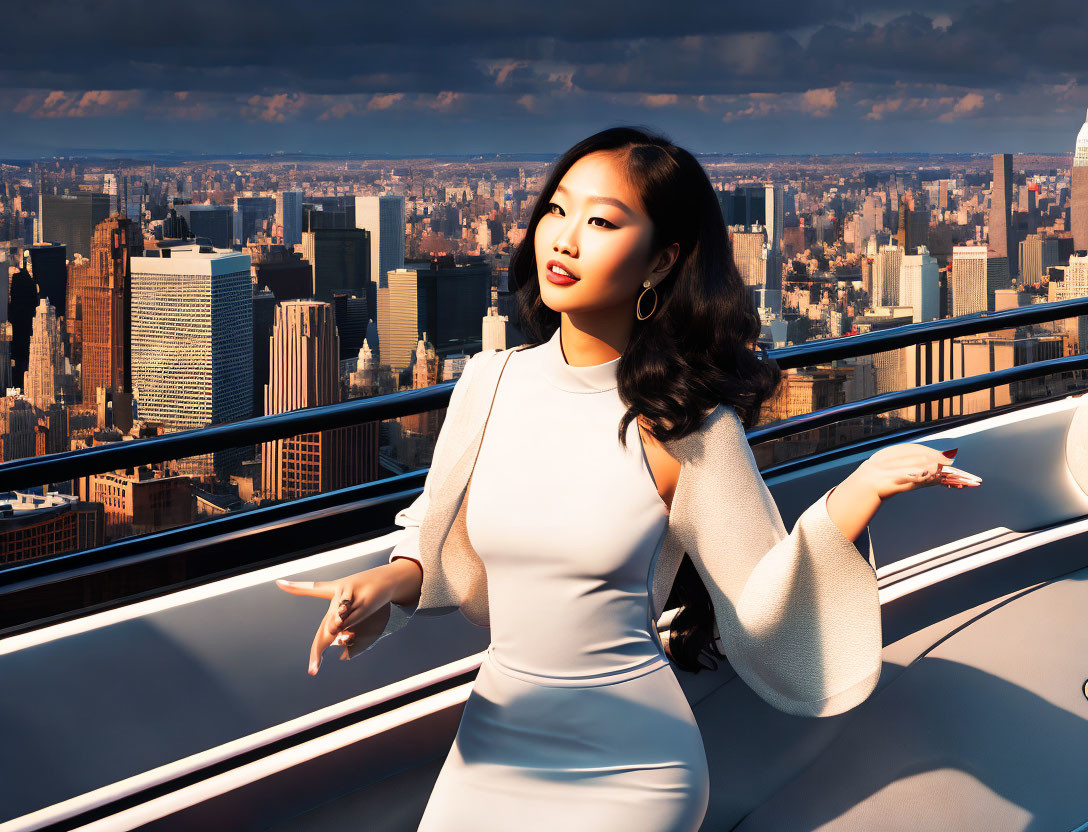 Woman in white dress on rooftop with city skyline at sunset