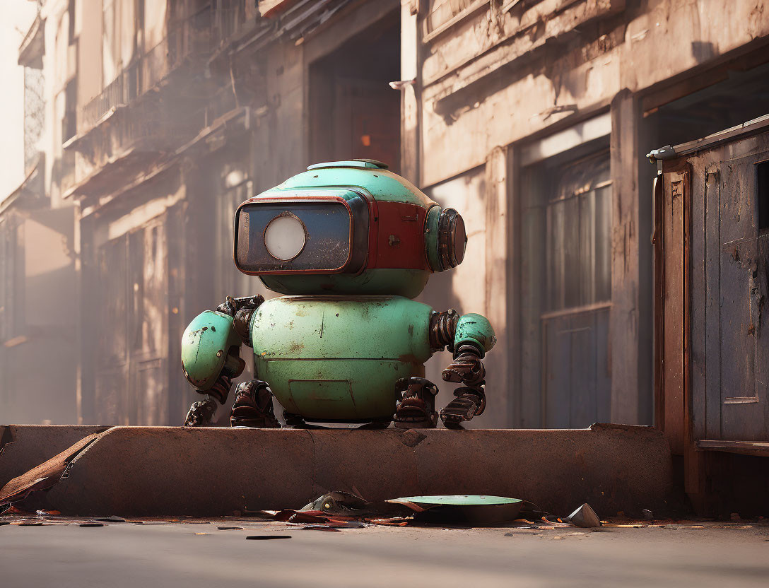 Green retro-style robot in decaying urban setting with sunlight filtering through dust