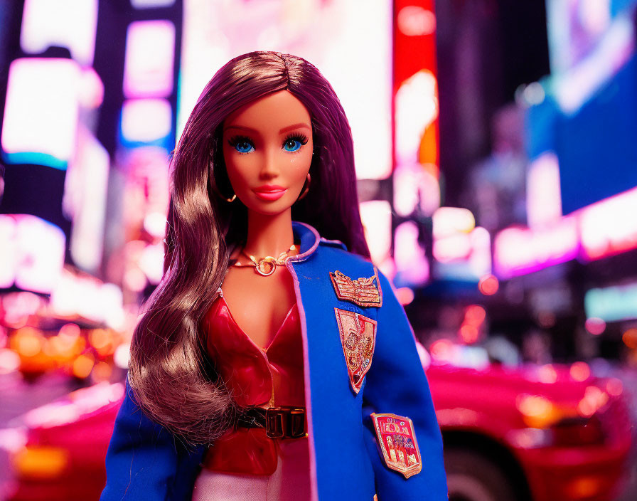 Long-haired Barbie doll in blue jacket with badges against neon cityscape.