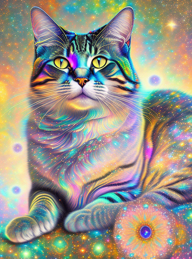 Colorful Cat with Swirling Patterns on Glittery Background