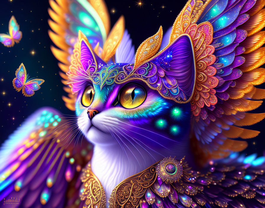 Majestic cat with ornate wings and golden headpiece on starry background