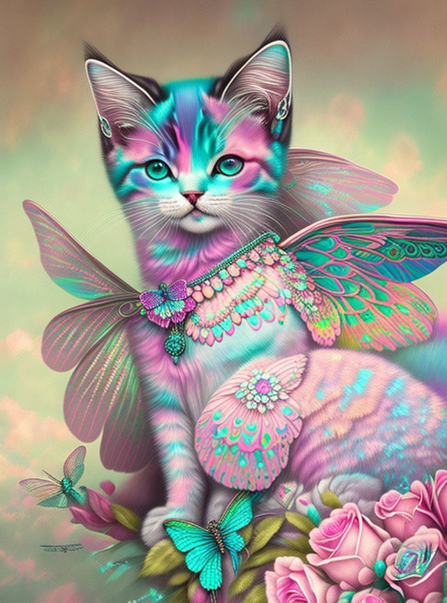 Colorful Cat with Butterfly Wings and Floral Surroundings