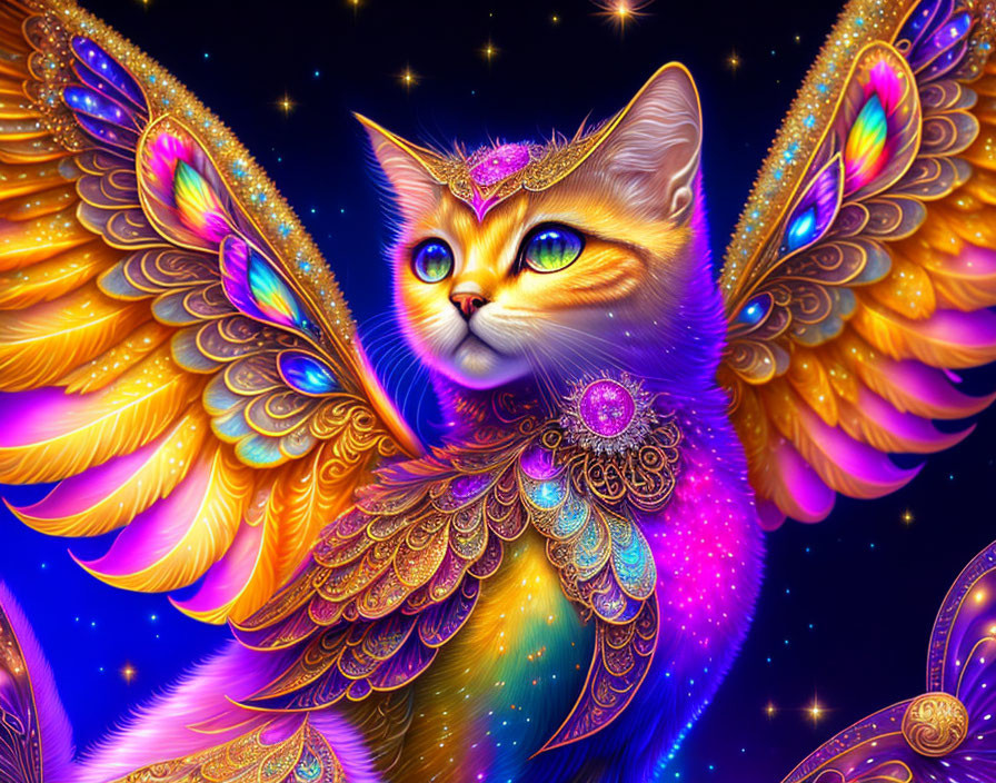 Colorful Winged Cat Fantasy Illustration with Feathers and Gemstones