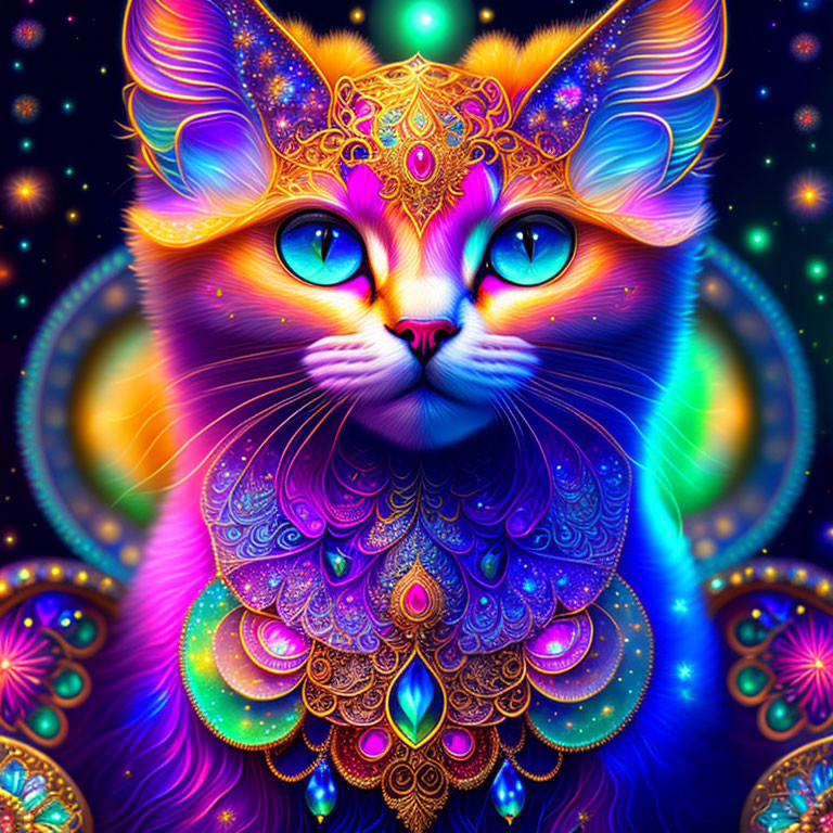 Colorful Cat Illustration with Psychedelic Patterns and Cosmic Background