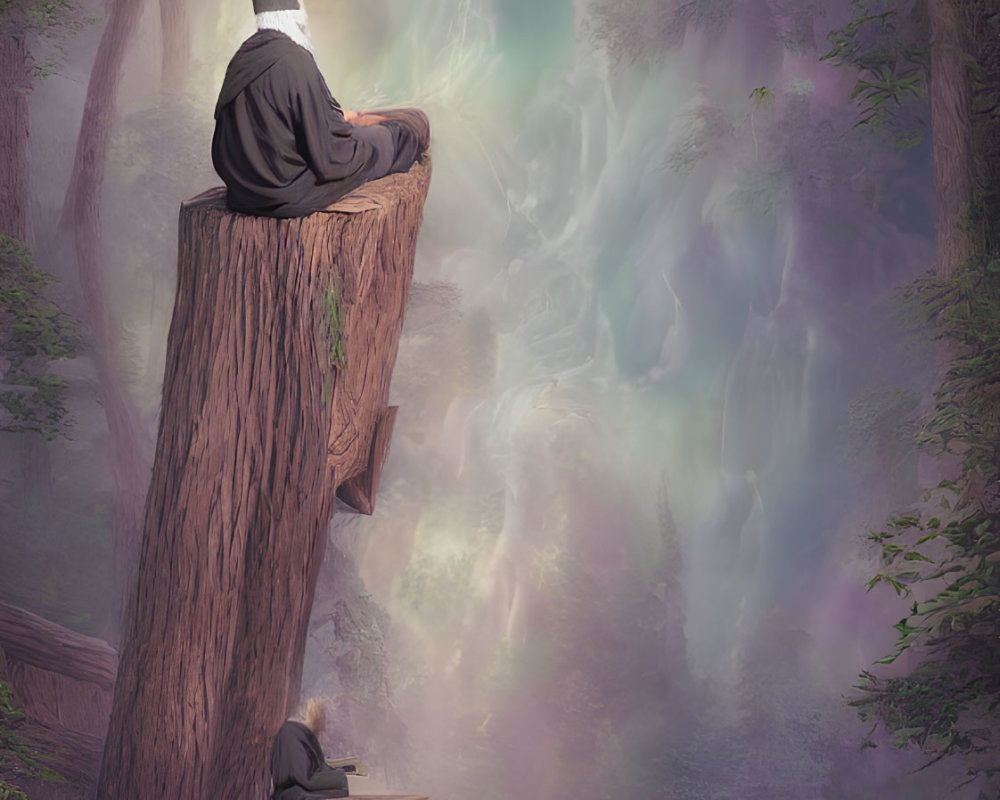 Person with TV head sitting on tree stump in misty forest