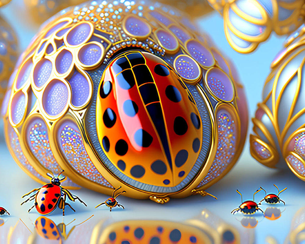 Digital Artwork: Ladybugs with Golden Filigree and Jewels on Blue Surface