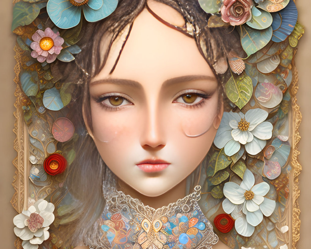Digital Artwork: Female Figure with Expressive Eyes Surrounded by Flowers and Butterflies