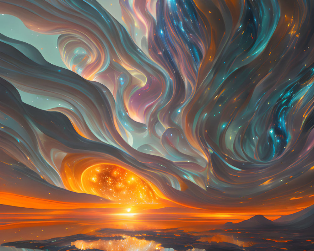 Colorful digital artwork: Swirling cosmic scene with orange sun, celestial bodies, and dynamic structures