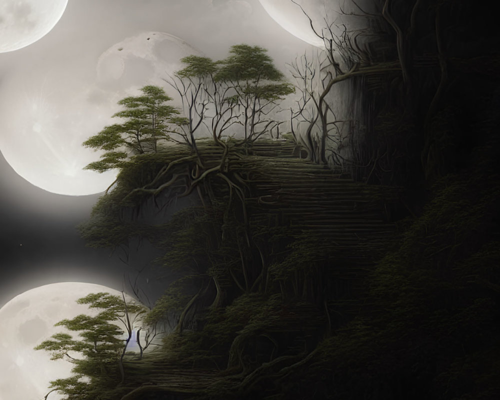 Mystical stairway in eerie forest under multiple moons