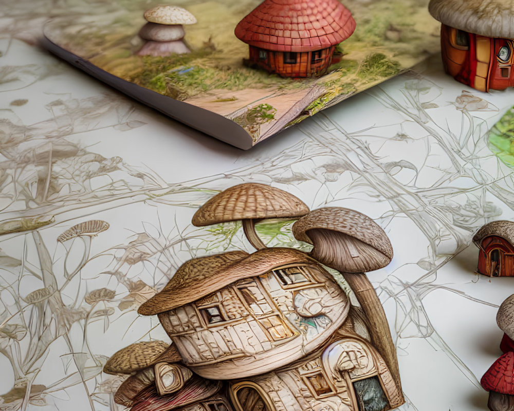 Intricate Fairytale Popup Book with Mushroom Houses and Forest Setting