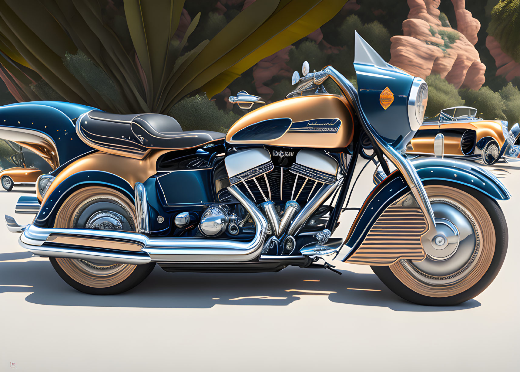 Vintage Blue and Orange Motorcycle with Classic Design and Chrome Details in Desert Landscape