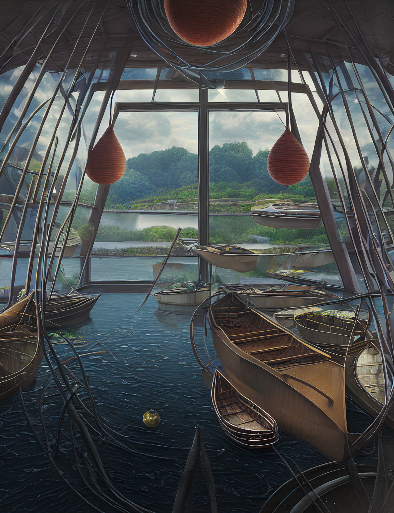 Tranquil Indoor Boat Showroom Overlooking Serene Lake