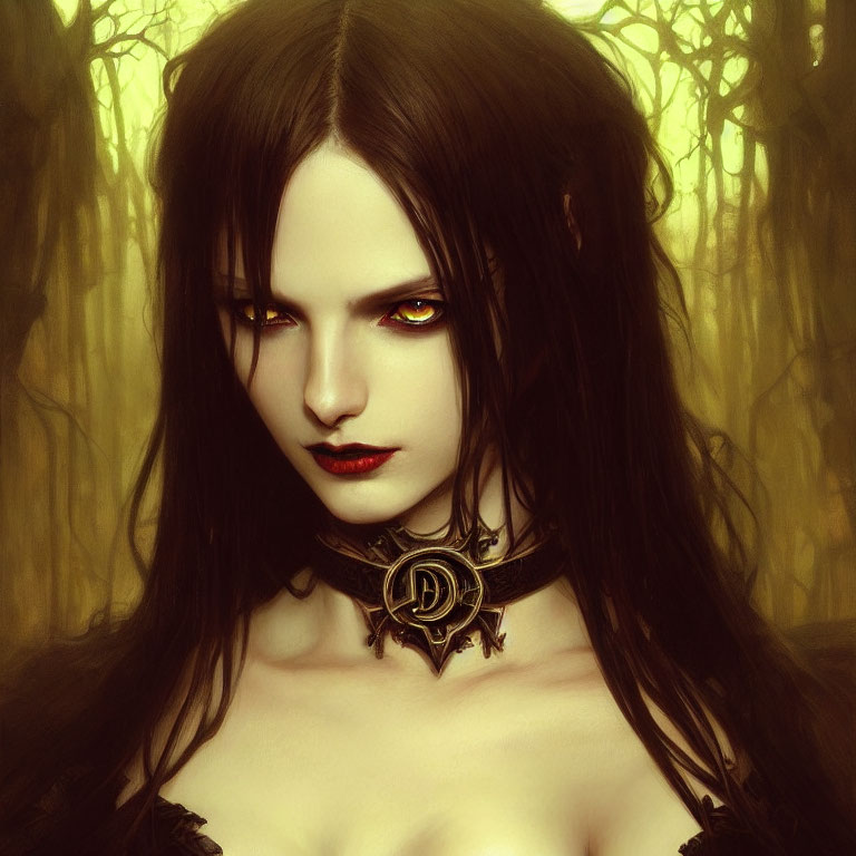 Portrait of woman with yellow eyes, dark hair, red lips, gothic choker in mystical forest