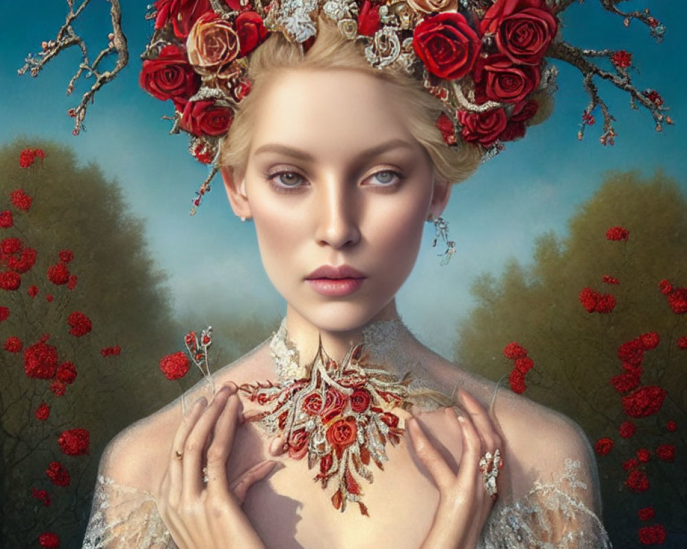 Pale-skinned woman with red rose crown in surreal forest setting