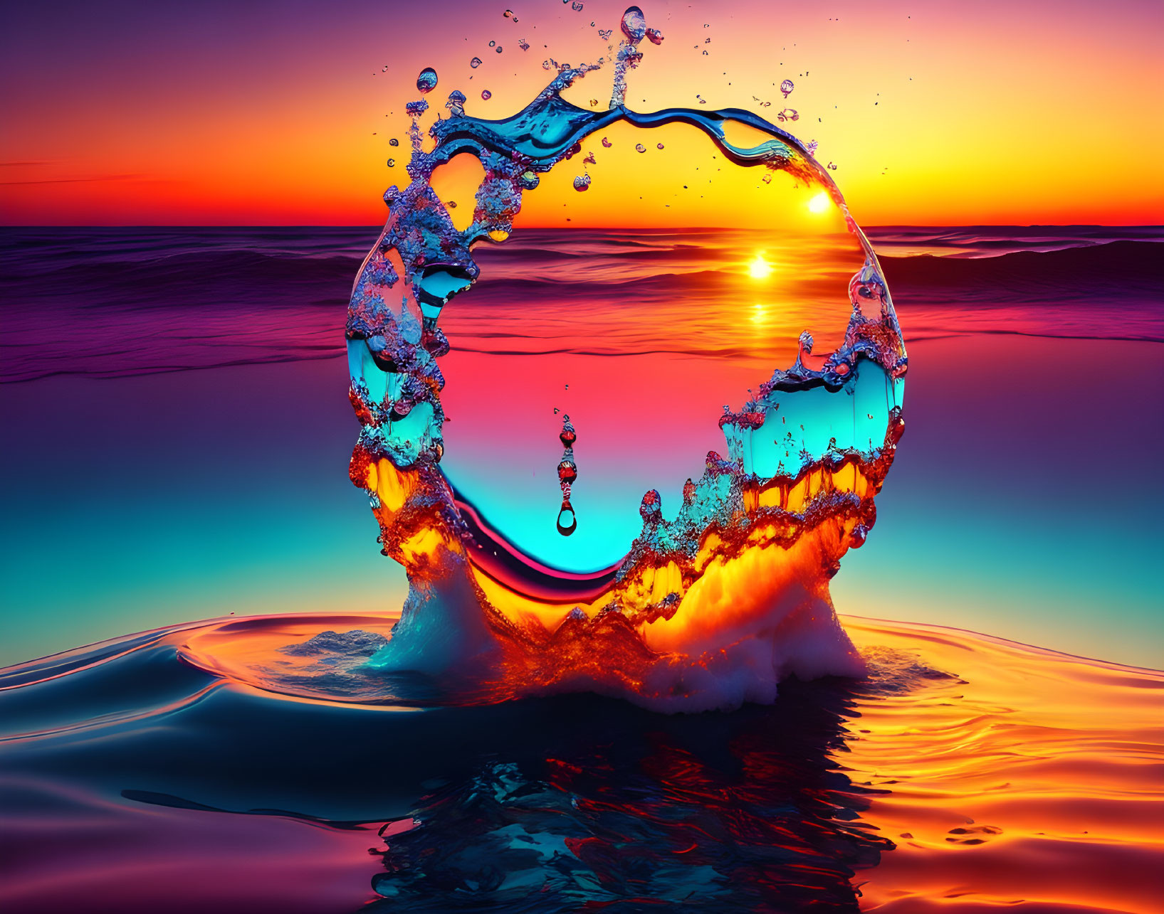 Colorful Sunset Water Splash Framing Sun Horizon