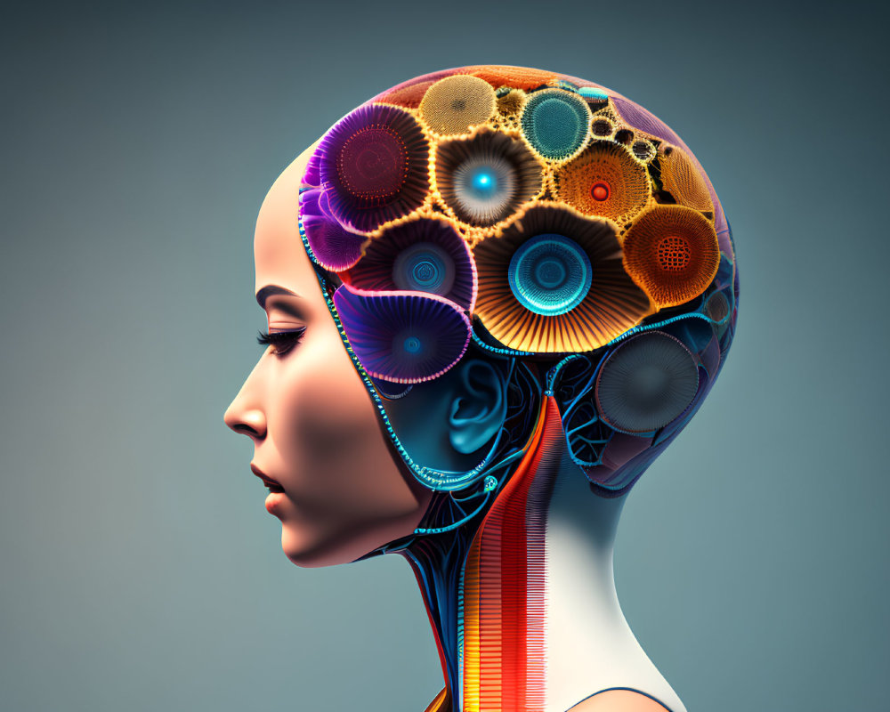 Digital Artwork: Woman's Profile with Mechanical Brain and Colorful Gears