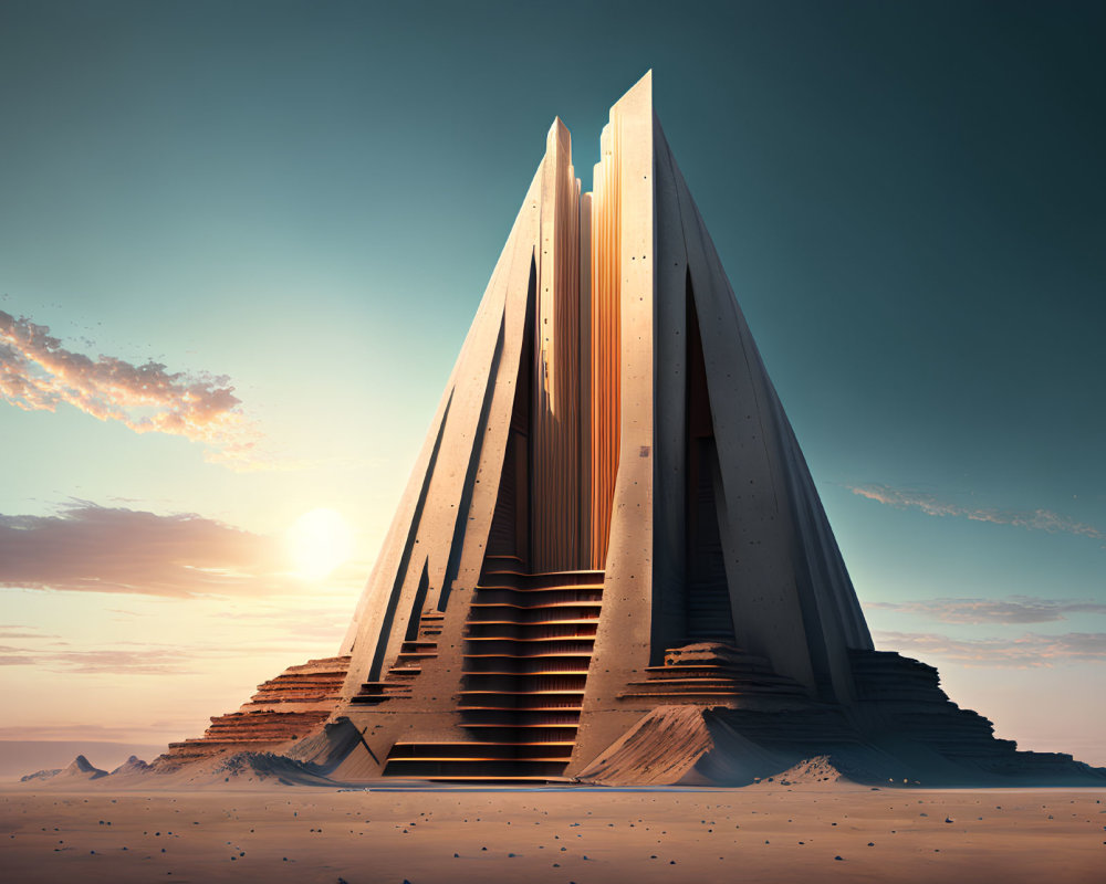Pyramid-shaped structure with steps in desert setting at sunset