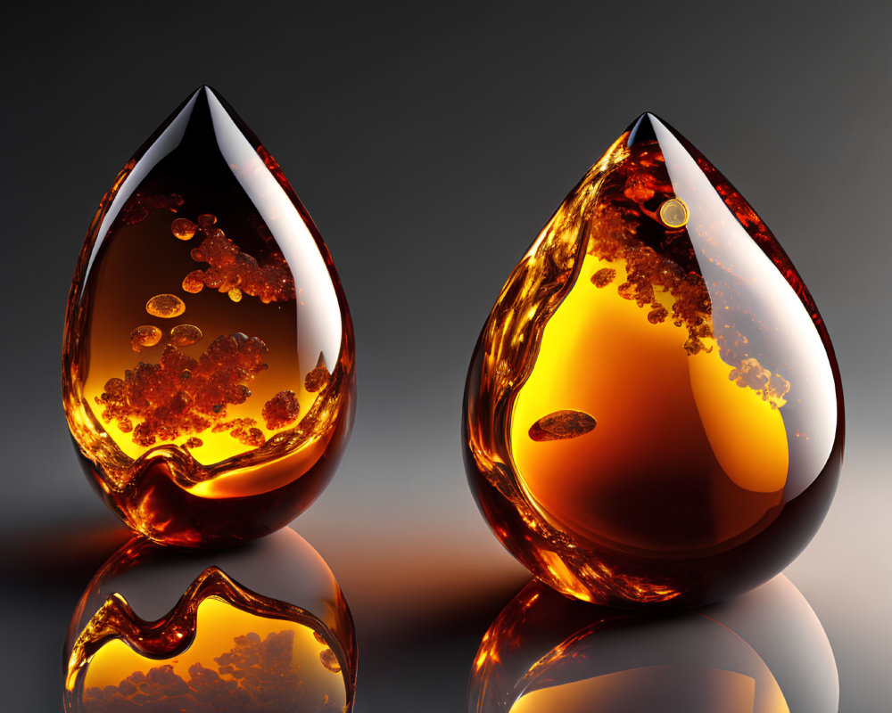 Amber and Honey Glass Teardrop Sculptures with Bubble Details