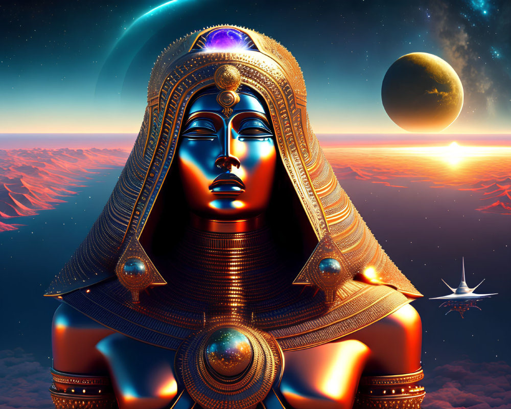 Futuristic Egyptian-style figure with glowing accents in cosmic setting