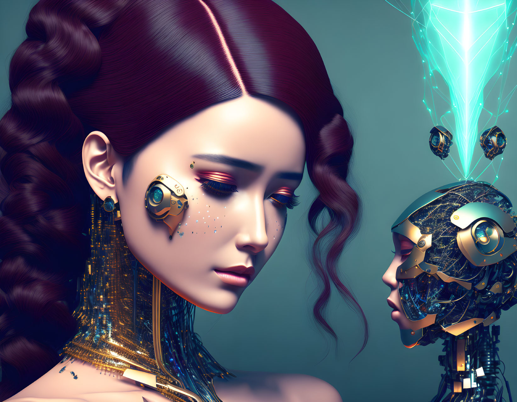 Futuristic digital art: Woman with cybernetic enhancements and opening robotic head.