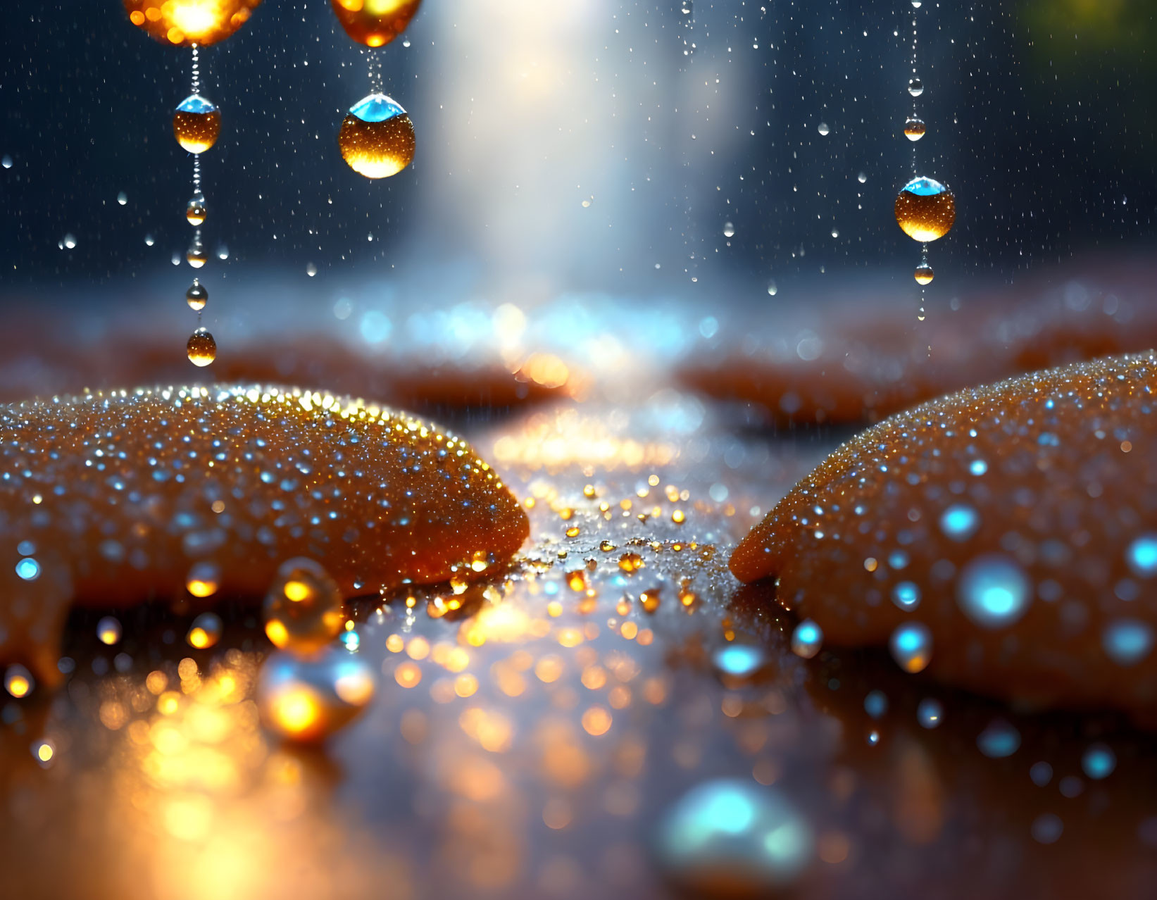 Shimmering golden droplets on a glistening surface with bokeh effect
