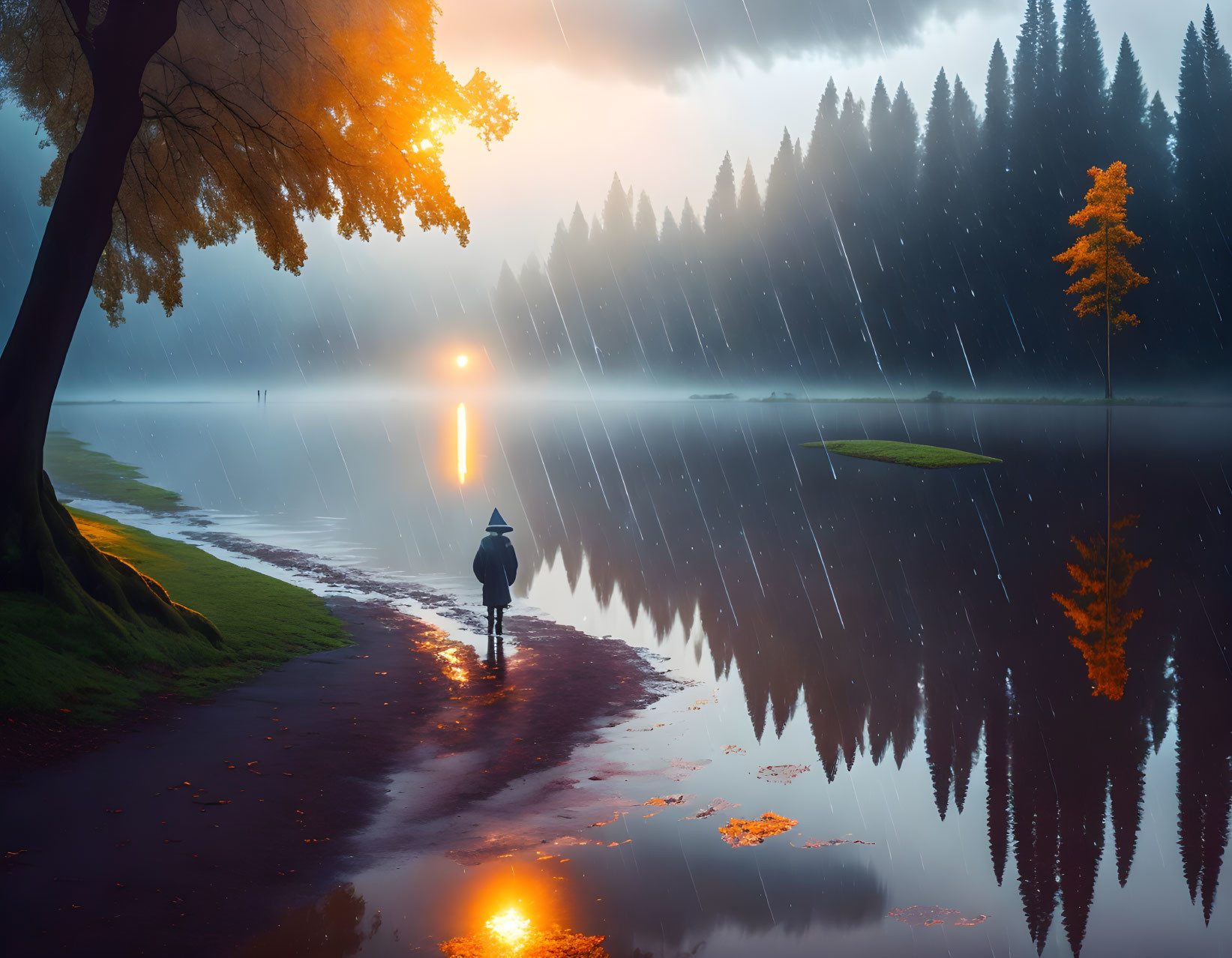 Autumn sunset reflected in tranquil lake with person holding umbrella