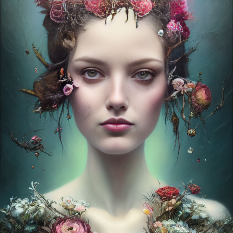 Woman's portrait with surreal floral arrangement evokes dreamlike atmosphere