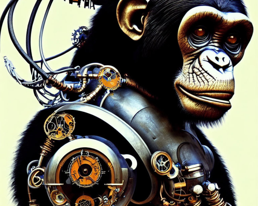 Cybernetic chimpanzee with visible mechanical parts on tan background