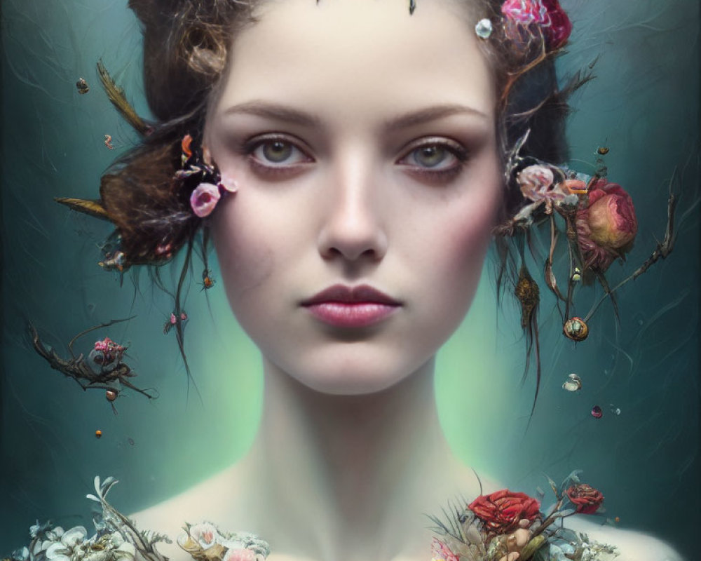 Woman's portrait with surreal floral arrangement evokes dreamlike atmosphere