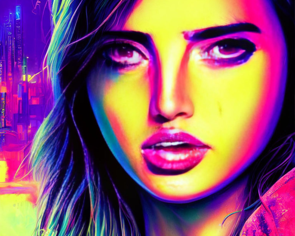 Colorful digital portrait of a woman in neon against futuristic city backdrop