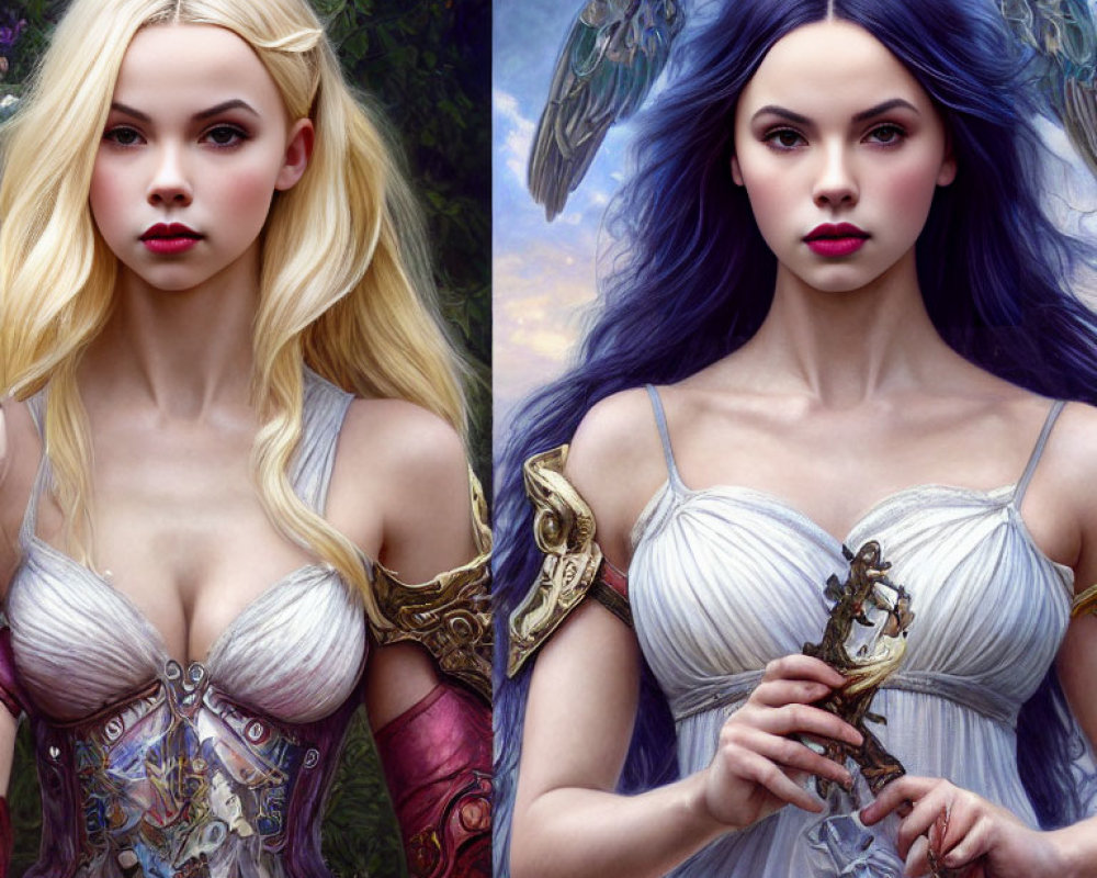 Fantasy female characters with wings and vibrant hair in medieval dresses.