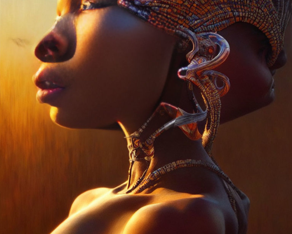 African woman with cybernetic enhancements and traditional headwear on warm background