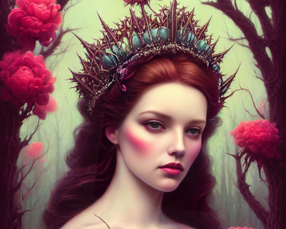 Portrait of woman with crown, pink flowers, and dark branches in mystical setting