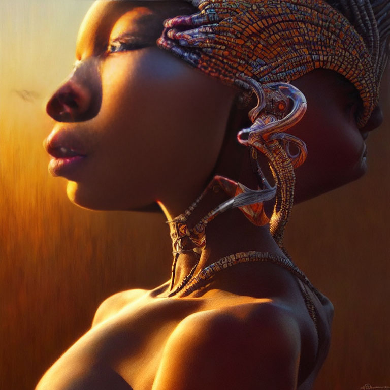 African woman with cybernetic enhancements and traditional headwear on warm background