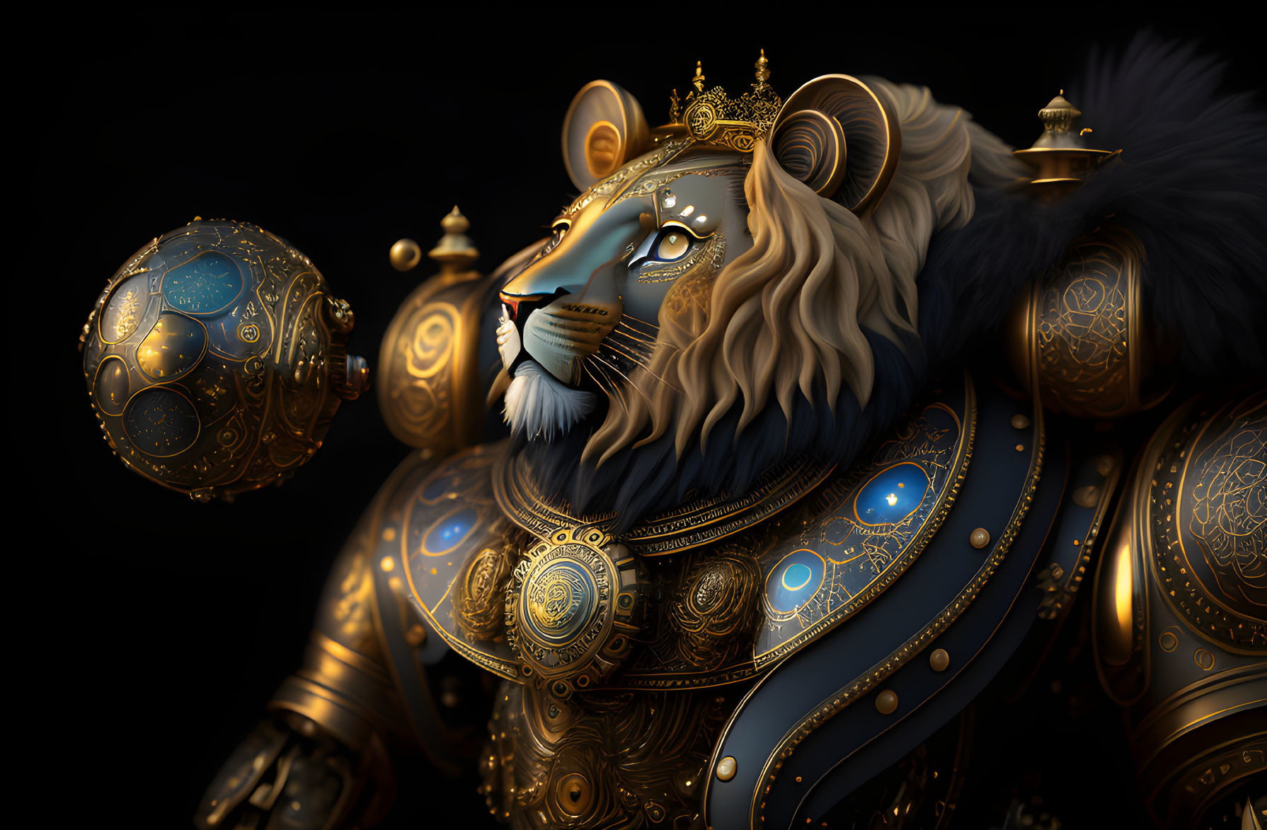 Golden maned mechanical lion in regal armor with orb and crown