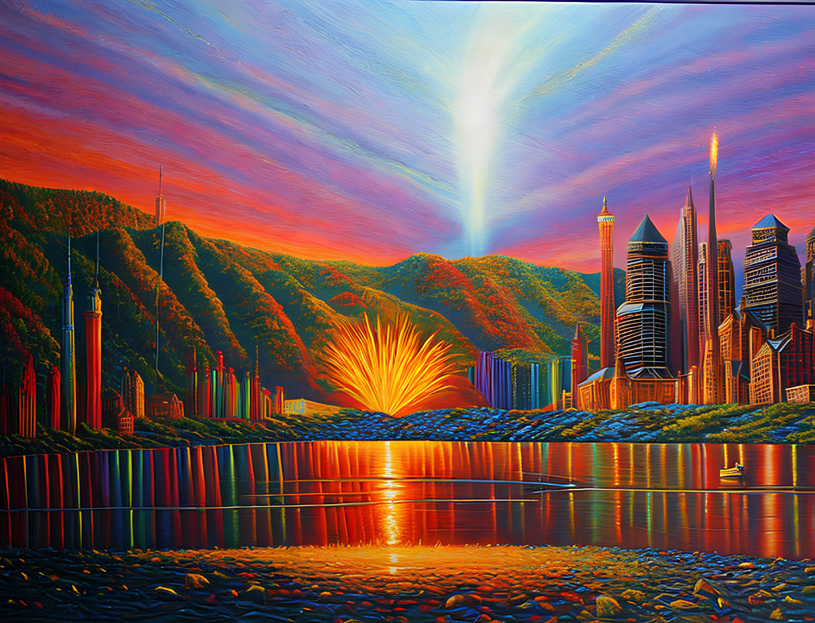 Colorful surreal landscape with sunset sky, mountains, water, fireworks, and futuristic cityscape.