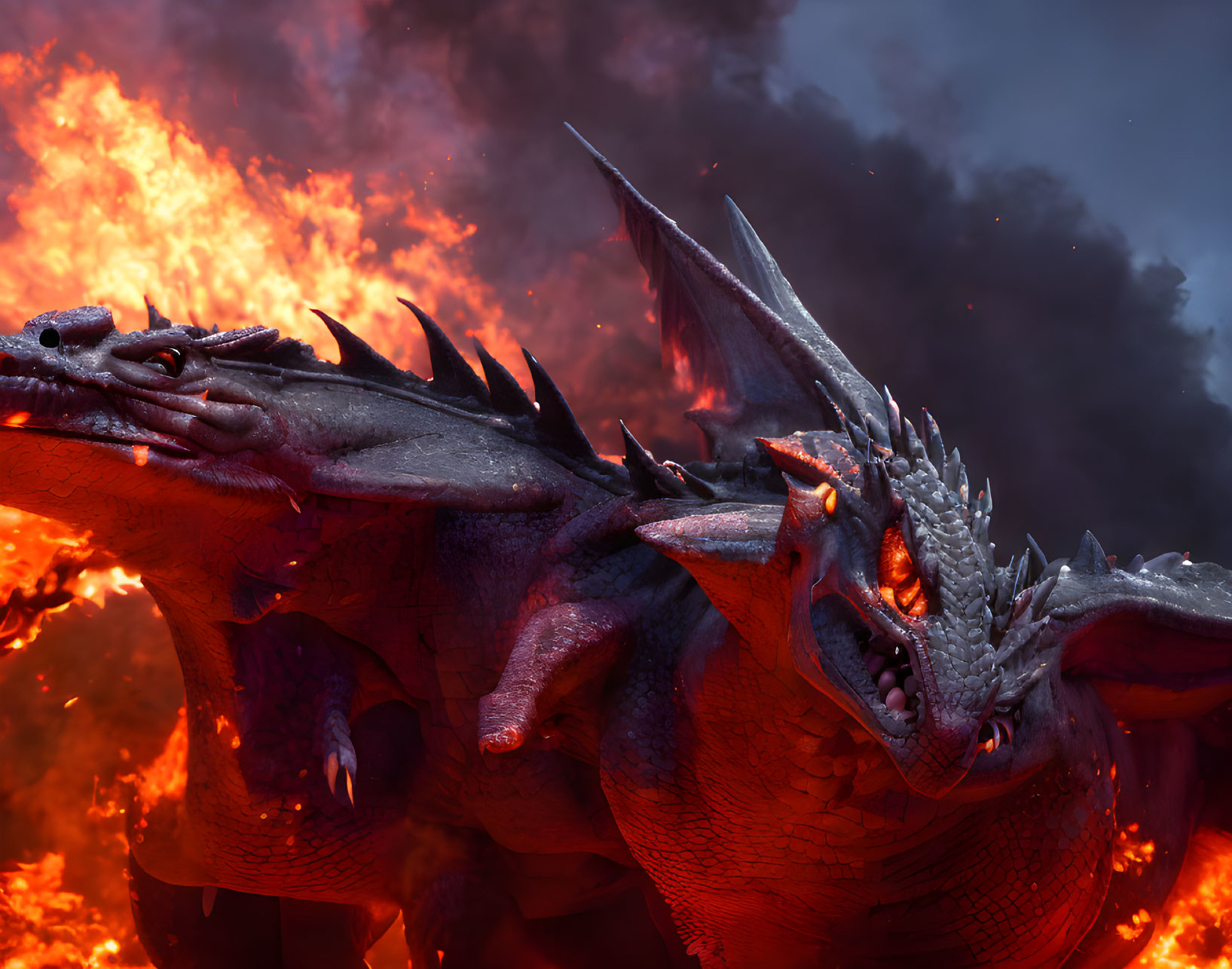 Red Three-Headed Dragon in Fiery Inferno