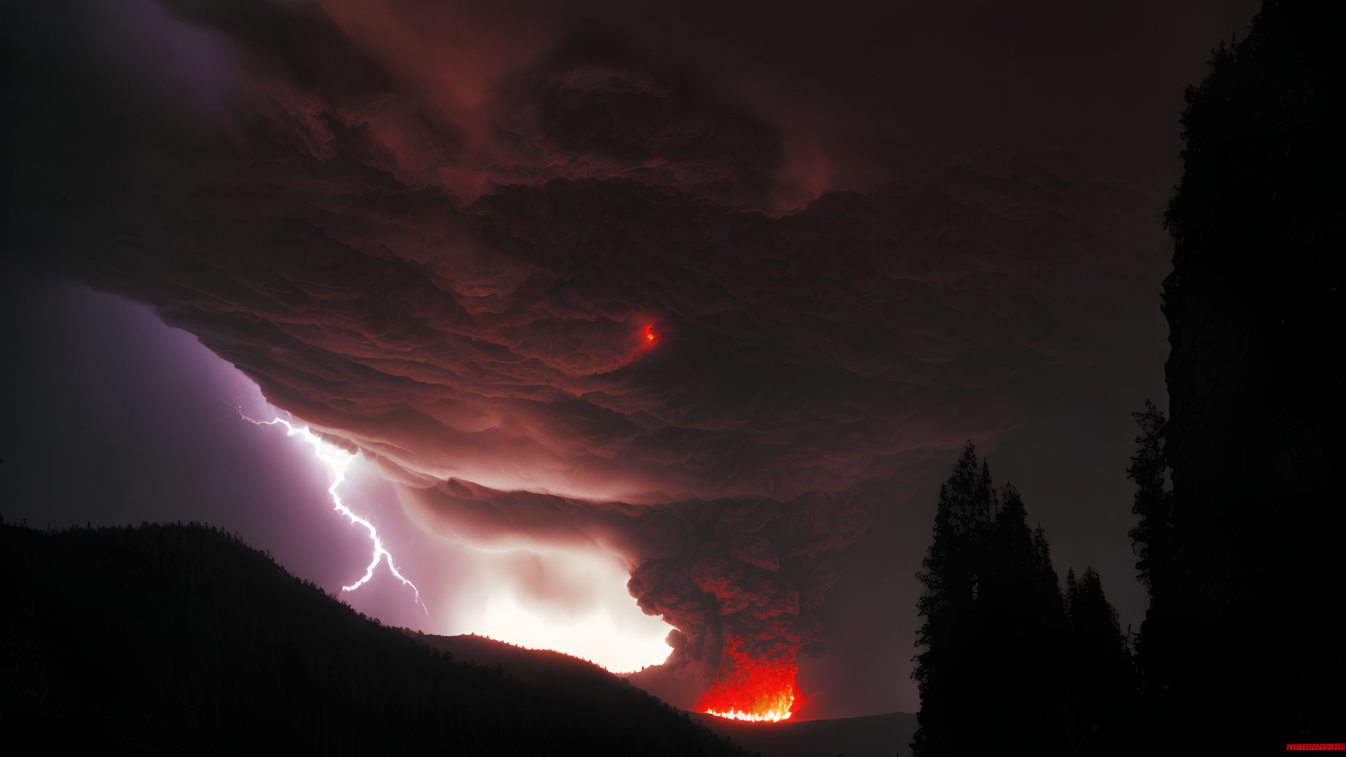 Wildfire Night Scene: Lightning, Red Glow, Smoke Clouds in Forest