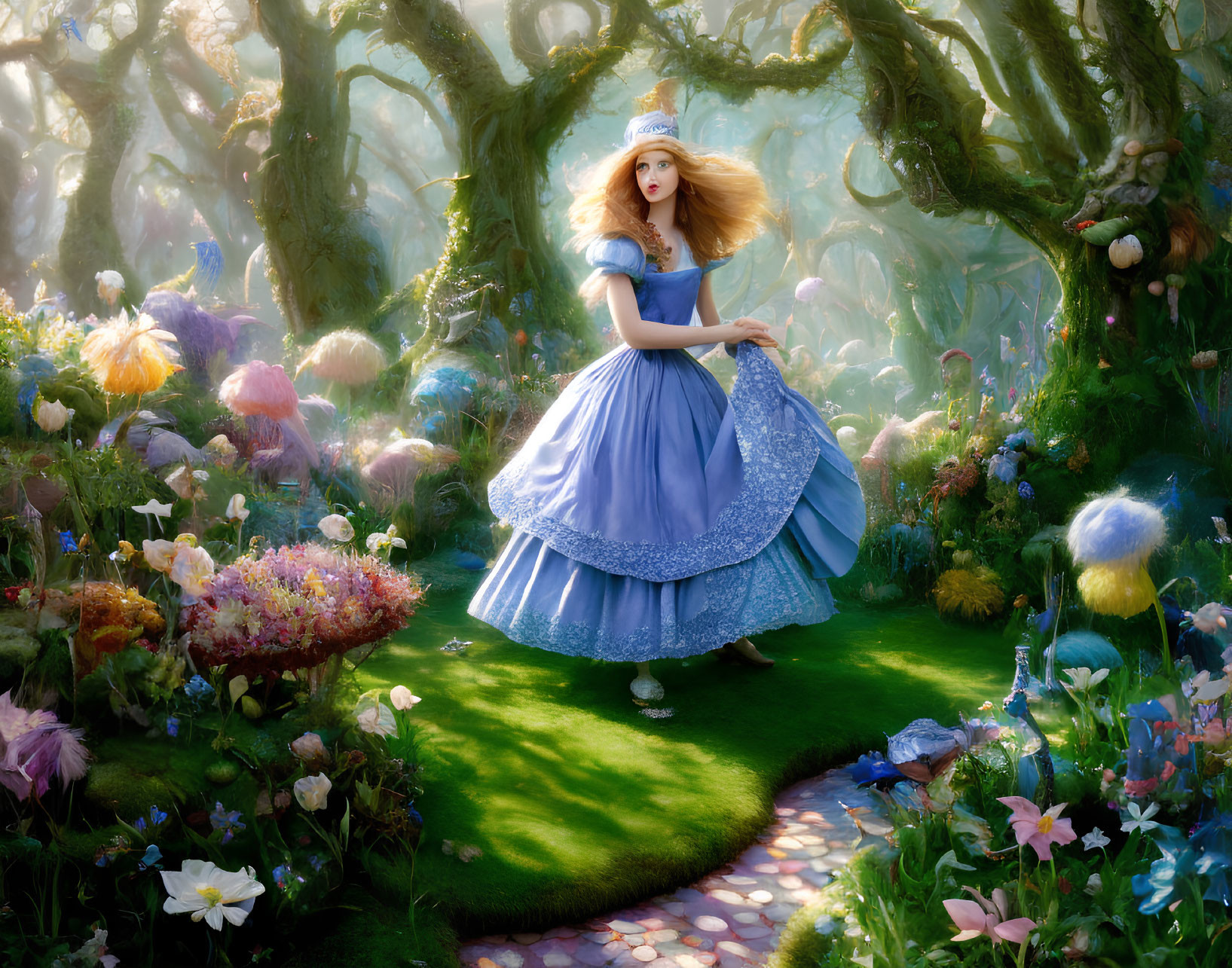 Woman in Alice in Wonderland costume in whimsical forest with colorful flowers and trees