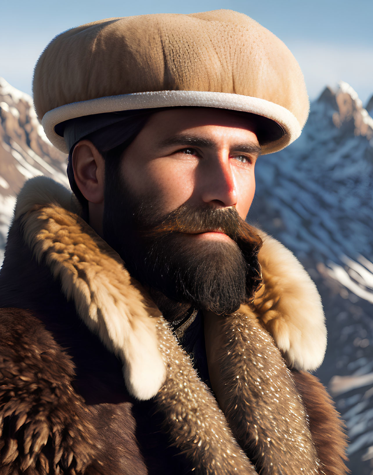 Bearded man in fur hat and coat with mountain background