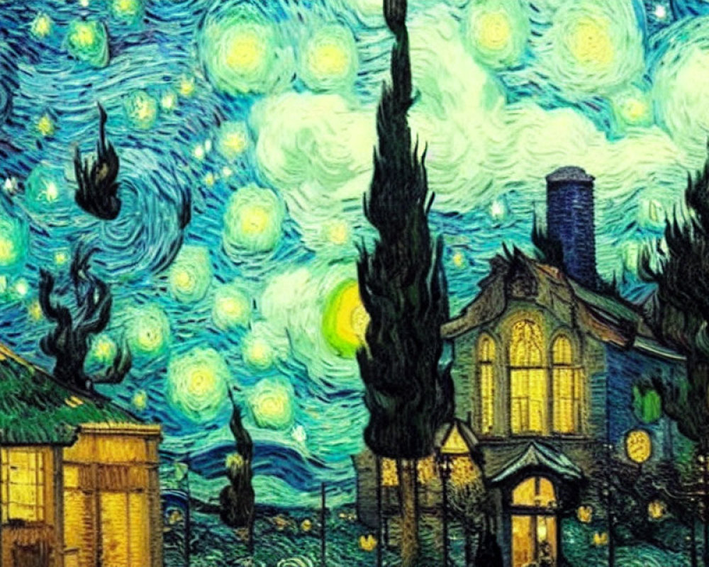 Swirling Night Sky Over Cypress Tree and Glowing Houses
