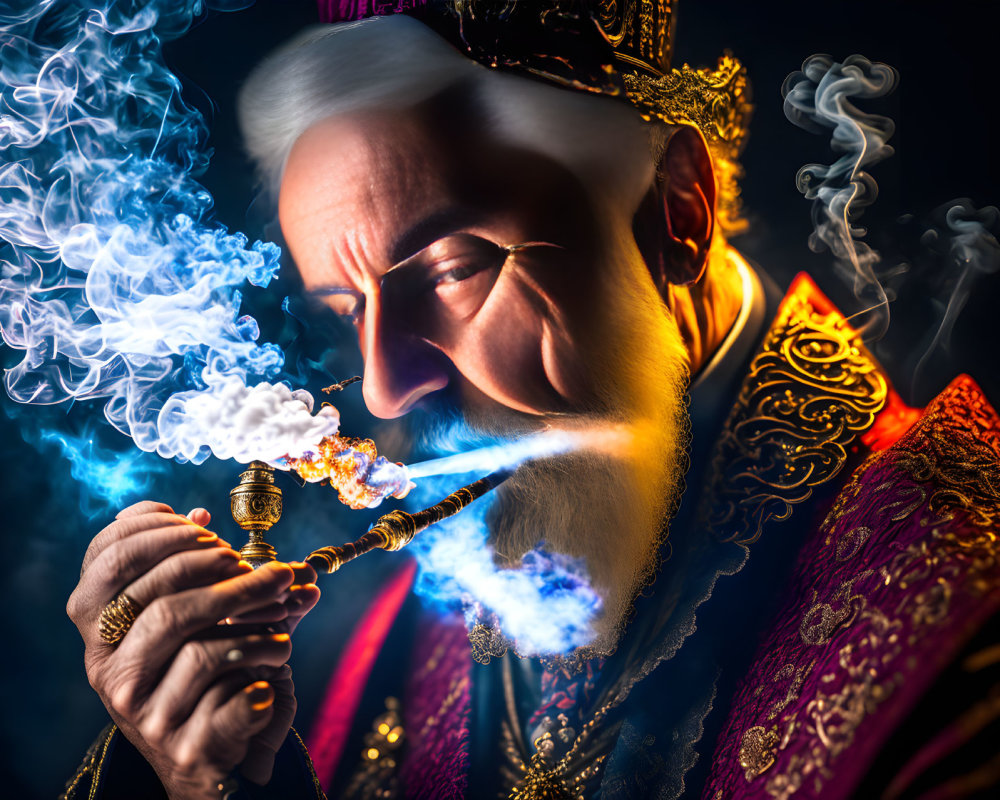 Regal elderly figure in ornate robe smoking a pipe on dark background